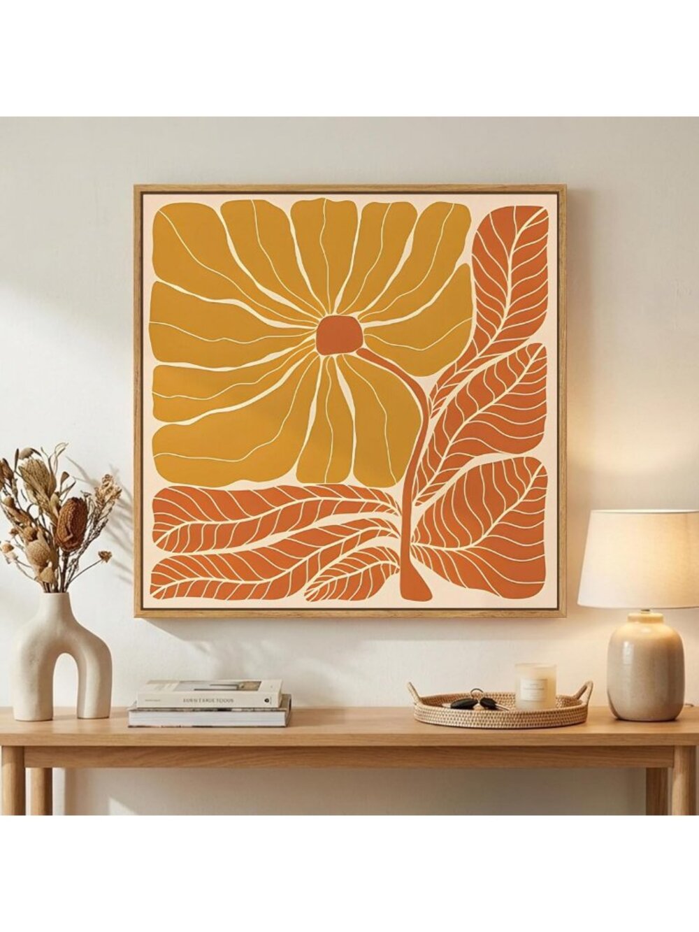 Framed Modern Boho Abstract Floral Wall Art - 24x24 Inch Decor for Living Room